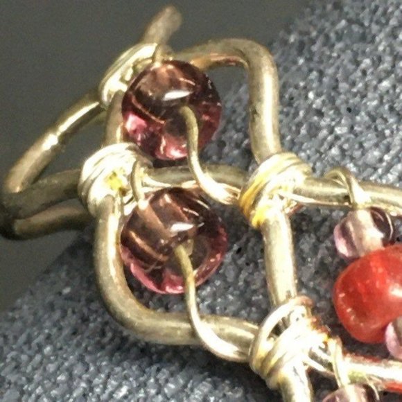 Woven Cuff Bracelet Silver Wire Red Amber Translucent Retro Boho Soft Girl - Picture 2 of 4